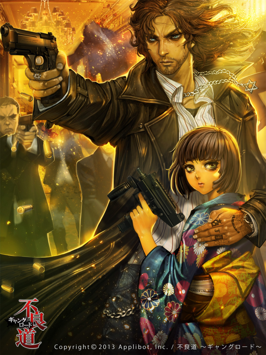 1girl 4boys beretta_92 blue_eyes brown_eyes brown_hair casing_ejection chain coat facial_hair formal_clothes furyou_michi_~gang_road~ goatee gun handgun height_difference hexagram highres japanese_clothes jewelry kimono machine_pistol minebea_pm-9 multiple_boys necklace obi official_art pistol ring sash shell_casing shirt short_hair star_of_david striped_clothes striped_shirt submachine_gun suit tattoo vertical-striped_clothes vertical-striped_shirt wassily_herzen watch weapon xaxak