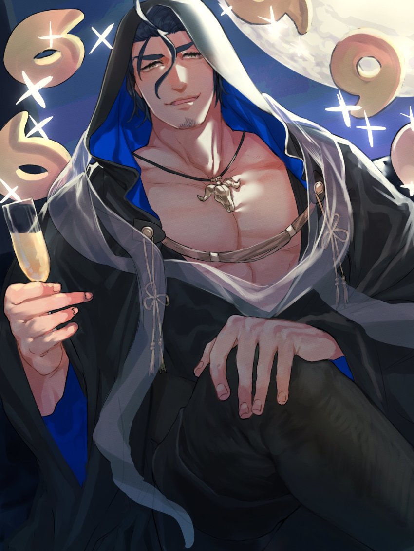 1boy animal_skull bara blue_hair champagne_flute commentary crossed_legs cup dark_blue_hair drinking_glass facial_hair full_moon goatee hair_between_eyes halo halo_behind_head highres hooded_robe jewelry large_pectorals magatama male_focus moon muscular muscular_male necklace night night_sky open_clothes open_mouth open_robe pectorals robe shiratori_yokikana short_hair skull_necklace sky smile solo sparkle stubble tokyo_houkago_summoners tsukuyomi_(housamo) yellow_eyes