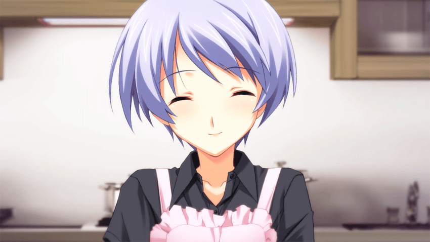 1girl 3d_background apron bird black_shirt blue_hair blush chaos;head chaos;head_love_chu_chu! chicken closed_eyes collarbone facing_viewer frilled_apron frills game_cg happy kishimoto_ayase kitchen matsuo_yukihiro non-web_source official_art pink_apron pink_lips shiny_lips shiny_skin shirt short_hair short_sleeves skirt smile solo standing swept_bangs