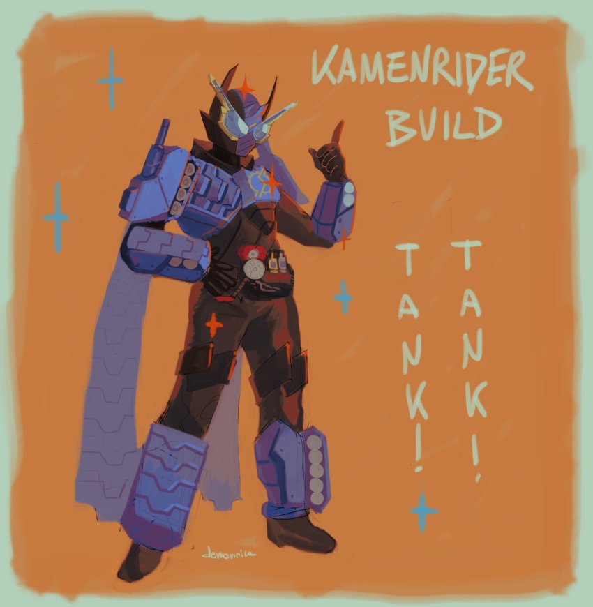 1boy armor black_bodysuit blue_armor blue_eyes bodysuit clenched_hands compound_eyes demonnnrice flat_color hand_on_own_hip hazard_trigger highres index_finger_raised kamen_rider kamen_rider_build kamen_rider_build_(series) male_focus military military_vehicle motor_vehicle orange_background ribbed_bodysuit shoulder_armor signature sketch spring_(object) tank tank+tank_form turret
