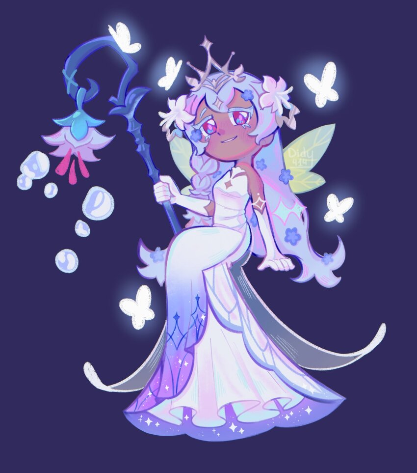 1girl braid breasts cookie_run dark-skinned_female dark_skin didy414 dress flower grin hair_flower hair_ornament highres holding long_hair looking_at_viewer official_alternate_costume pink_eyes smile very_long_hair white_dress white_hair white_lily_cookie white_lily_cookie_(moonflower_faerie)