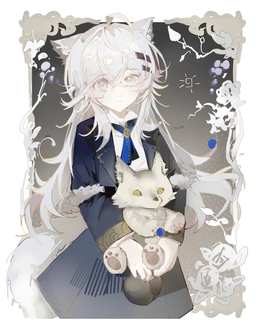1girl absurdres aged_down animal_ears arknights black_jacket black_skirt border cross_tie gradient_background grey_background grey_eyes hair_ornament highres holding holding_toy jacket lappland_(arknights) long_hair long_sleeves looking_at_viewer ornate_border procreate_(medium) shirt shucai_dawang skirt smile solo stuffed_wolf tail toy upper_body white_hair white_shirt wolf_ears wolf_girl wolf_tail
