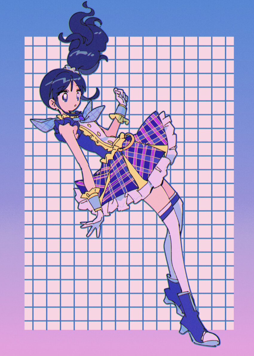 1girl aikatsu! aikatsu!_(series) blue_background blue_dress blue_eyes blue_hair blue_neckerchief blue_scrunchie blue_shoes blue_wrist_cuffs bright_pupils chromatic_aberration dangan_(g7mogmog) dress film_grain floating_hair frilled_cuffs frilled_dress frills full_body gloves gradient_background grid_background hair_ornament hair_scrunchie hand_up highres idol idol_clothes kiriya_aoi medium_dress neckerchief no_nose parted_lips plaid_clothes plaid_dress purple_background scrunchie shoes sidelocks sleeveless sleeveless_dress thighhighs wavy_hair white_gloves white_pupils white_thighhighs wrist_cuffs