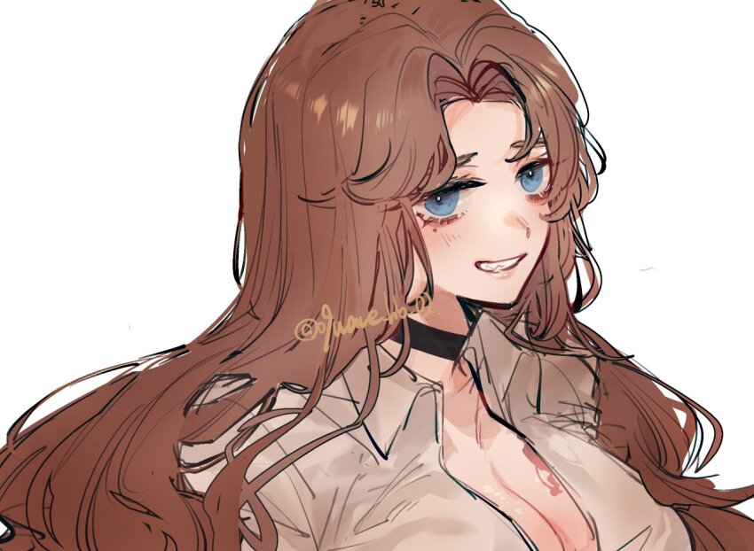 09wave_hb 1girl black_choker blue_eyes blush breast_tattoo breasts brown_hair choker cleavage collared_shirt grin large_breasts limbus_company long_hair looking_at_viewer mole mole_under_eye parted_bangs portrait project_moon rodion_(project_moon) shirt simple_background smile solo tattoo very_long_hair white_background white_shirt