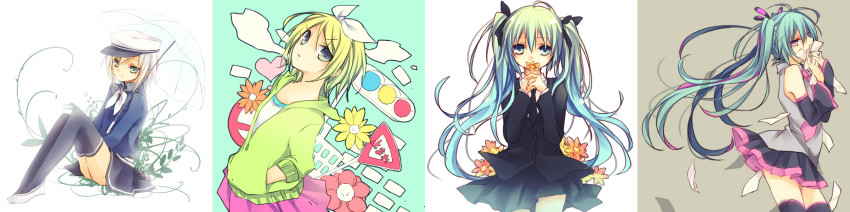 3girls ama_no_jaku_(vocaloid) aqua_hair blonde_hair blue_eyes gumi hatsune_miku hatsune_miku_(saihate) highres kagamine_rin kagamine_rin_(melancholy) kuroi_(liar-player) long_hair long_image melancholic_(vocaloid) mousou_zei_(vocaloid) multiple_girls multiple_views saihate_(vocaloid) short_hair songover thighhighs twintails vocaloid wide_image