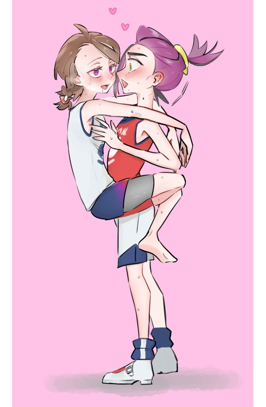 1boy 1girl ahoge alternate_eye_color arms_around_neck barefoot bike_shorts black_hair blush braid breath brown_hair drooling ear_blush hair_ornament hairclip hama_bebi hands_up heart heart-shaped_pupils hetero highres juliana_(pokemon) kieran_(pokemon) leg_lock mole mole_on_neck multicolored_hair nintendo open_mouth pink_background pink_eyes poke_ball_hair_ornament pokemon pokemon_sv purple_hair red_tank_top short_hair shorts side_braid single_braid smile standing standing_leg_lock sweat symbol-shaped_pupils tank_top topknot two-tone_hair white_shorts white_tank_top yellow_eyes