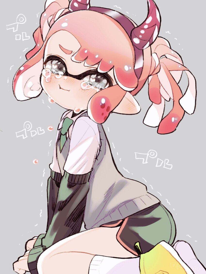 1girl :t amezawa_koma black_arm_warmers black_shorts closed_mouth collared_shirt commentary_request crying crying_with_eyes_open dolphin_shorts fake_horns green_necktie grey_background grey_eyes grey_sweater_vest hairband heart heart_in_eye highres horn_hairband horns inkling inkling_girl inkling_player_character long_sleeves looking_at_viewer necktie nintendo pink_hair pointy_ears purple_hairband purple_horns shirt shoes short_hair short_twintails shorts sidelocks sneakers socks solo splatoon_(series) sweater_vest swept_bangs symbol_in_eye tears tentacle_hair twintails v-shaped_eyebrows white_shirt white_socks yellow_shoes