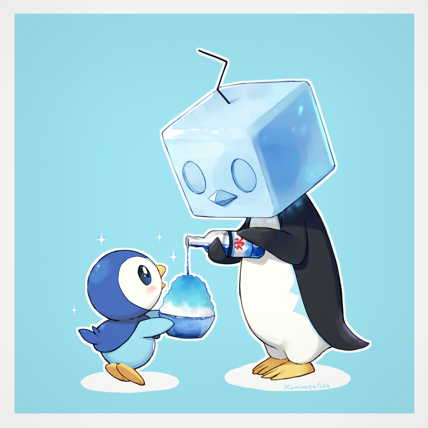 animal bird blue_background blush bottle eiscue eiscue_(ice) food gen_4_pokemon gen_8_pokemon highres holding holding_bottle ice ice_cube kaminokefusa light_blush nintendo no_humans penguin piplup pokemon pokemon_(creature) pouring shaved_ice sparkle