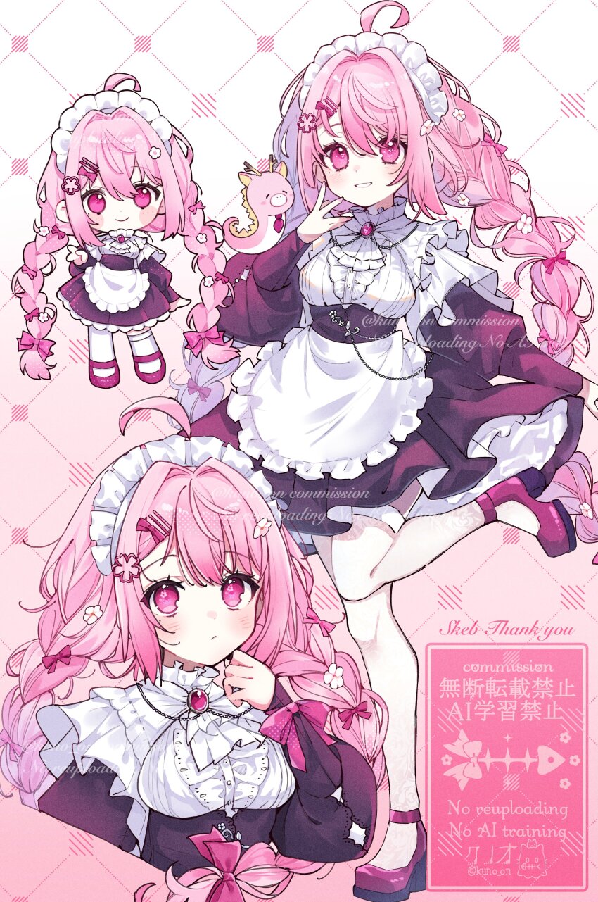 1girl absurdres ahoge apron ascot blush bow chibi closed_mouth commentary commission cropped_torso dress frilled_apron frilled_dress frills full_body gradient_background grin hair_bow halumo_tayuta hand_up highres indie_virtual_youtuber jewelry jikuno long_hair long_sleeves looking_at_viewer maid maid_headdress multiple_views pendant pink_background pink_bow pink_hair purple_dress red_shoes shoes skeb_commission smile standing standing_on_one_leg thighhighs twitter_username very_long_hair virtual_youtuber waist_apron watermark white_apron white_ascot white_thighhighs