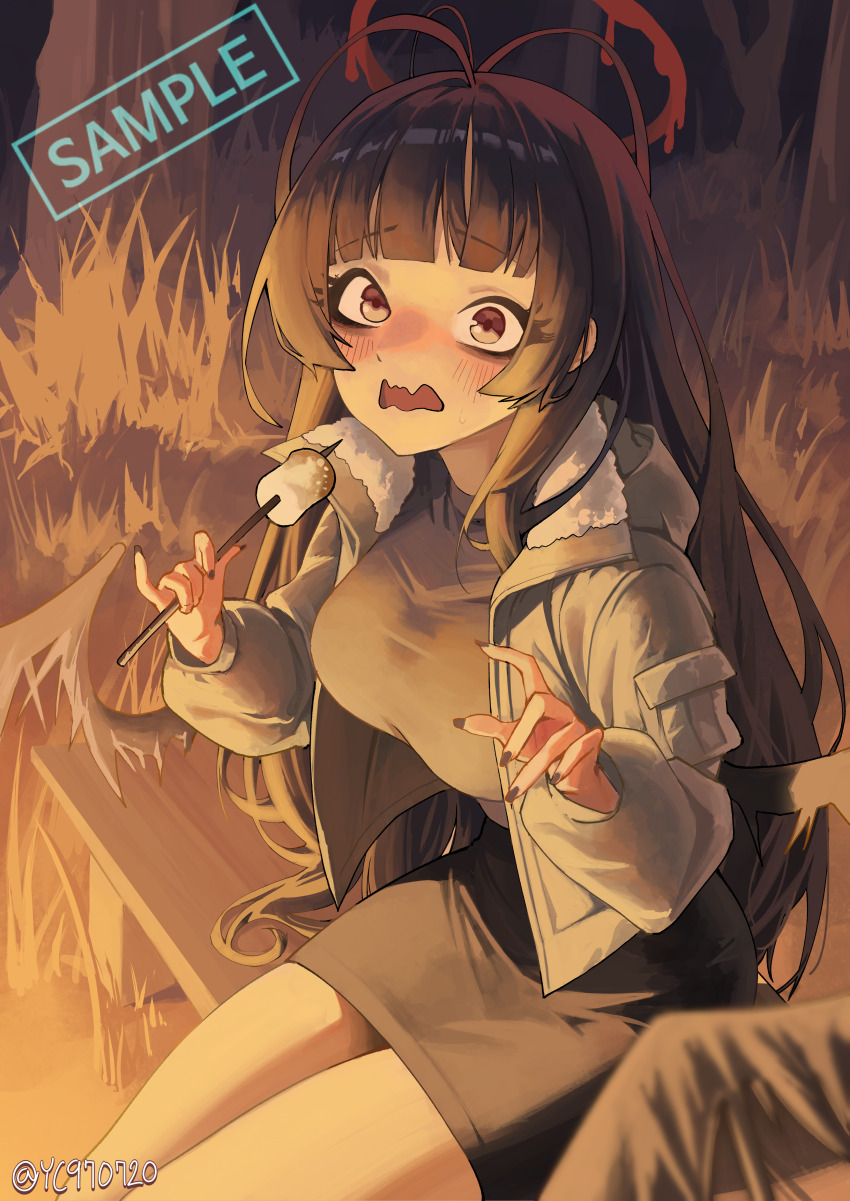1girl absurdres antenna_hair bench black_hair black_nails black_wings blood blood_halo blue_archive blush breasts brown_eyes dress embarrassed food fur-trimmed_jacket fur_trim grey_dress grey_jacket halo highres holding holding_skewer jacket large_breasts liquid_halo long_hair marshmallow night open_mouth outdoors red_halo roasted_marshmallow sample_watermark sitting skewer solo syc2159 tsurugi_(blue_archive) twitter_username watermark wings wooden_bench