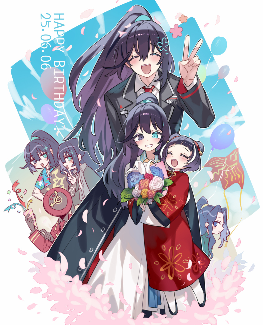1other 2girls 4boys black_gloves black_hair clock closed_eyes collared_shirt dante_(limbus_company) double_bun fire gloves hair_bun half_updo hand_up happy_birthday highres hong_lu_(project_moon) jia_xichun_(project_moon) kite_flying kurokumo_clan_(identity)_(project_moon) limbus_company lin_daiyu_(project_moon) long_hair long_sleeves multicolored_hair multiple_boys multiple_girls multiple_persona necktie object_head open_mouth party_popper project_moon red_eyes red_necktie shiki_(shikki46) shirt short_hair simple_background smile streaked_hair tingtang_gang_(identity)_(project_moon) v very_long_hair white_background white_shirt