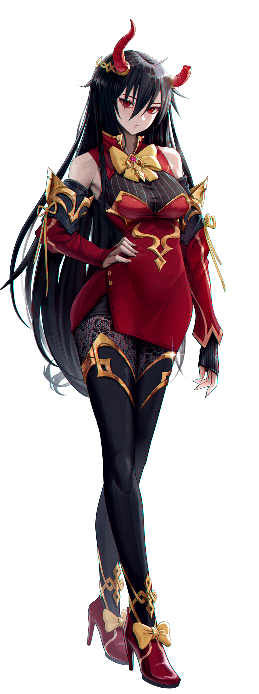 1girl absurdres bare_shoulders black_hair black_thighhighs bow bowtie broken_horn commission detached_sleeves dress full_body hair_between_eyes hand_on_own_hip high_heels highres horns long_hair looking_at_viewer original red_dress red_eyes red_horns red_shoes red_sleeves shoes simple_background sleeveless sleeveless_dress solo standing thighhighs very_long_hair white_background yellow_bow yellow_bowtie yeonrizee