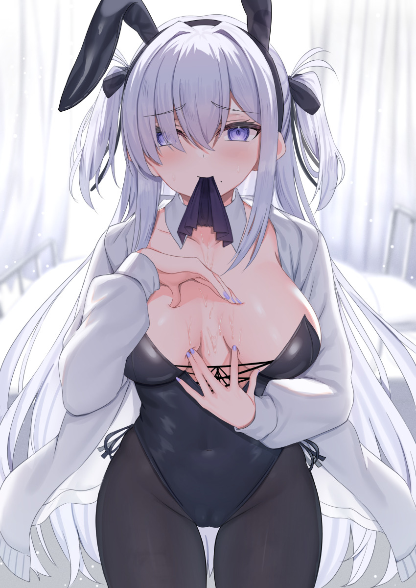 1girl absurdres animal_ears black_leotard black_pantyhose blue_eyes blush bow bowtie breasts cleavage closed_mouth covered_navel cowboy_shot detached_collar fake_animal_ears hair_between_eyes hair_ornament hair_over_one_eye hair_ribbon hairband headwear_request highleg highleg_leotard highres indoors jacket kanikou large_breasts leotard long_hair long_sleeves looking_at_viewer mole mouth_hold nail_polish no_bra open_clothes open_jacket original pantyhose playboy_bunny purple_eyes purple_nails rabbit_ears rabbit_tail ribbon shirt side-tie_leotard sidelocks solo strapless strapless_leotard sweat tail twintails two_side_up very_long_hair white_hair white_jacket window