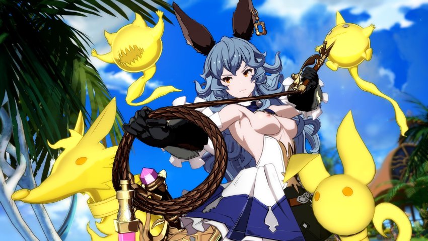 1girl 3d 4others animal_ears blue_hair breasts erune ferry_(granblue_fantasy) granblue_fantasy granblue_fantasy_versus highres multiple_others nipples topless whip xxsjxx