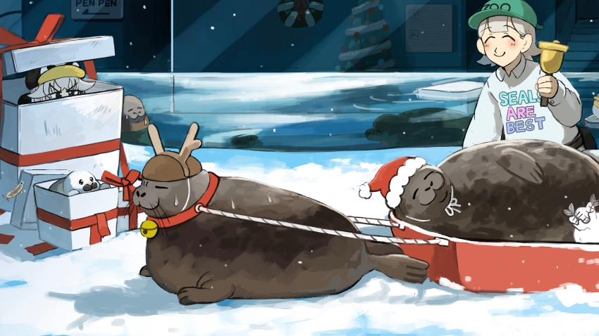 2girls absurdres bell bird box christmas_tree christmas_wreath closed_eyes clothes_writing commentary diva_(hyxpk) donut_stamp duck english_commentary fake_antlers gift gift_box green_hat grey_hair hat highres holding holding_bell in_box in_container multiple_girls neck_bell penguin_hat penguin_keeper_(diva) red_ribbon ribbon santa_hat seal_(animal) seal_keeper_(diva) shirt smile white_shirt wreath zoo zookeeper zookeepers_(diva)