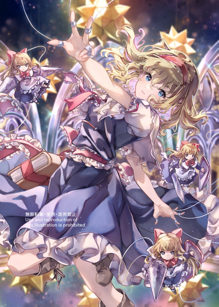 1girl alice_margatroid apron blonde_hair blue_dress blue_eyes blurry blurry_background book boots bow brown_boots capelet commentary_request doll dress foot_out_of_frame frilled_dress frilled_ribbon frills grimoire_of_alice hair_bow hairband hand_up highres holding holding_polearm holding_shield holding_sword holding_weapon jewelry knees light_particles light_smile long_hair looking_at_viewer medium_hair nanop38 outstretched_arms polearm puppet_rings puppet_strings red_bow red_hairband red_ribbon red_sash ribbon ring sash shield small_stellated_dodecahedron solo sword touhou watermark weapon white_apron white_capelet