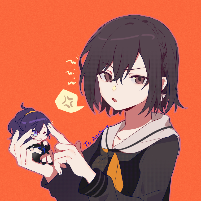 2girls anger_vein annoyed asahina_mafuyu black_dress black_neckerchief black_shirt blue_neckerchief braid brown_eyes brown_hair chibi collarbone commentary crown_braid dress fingernails hair_between_eyes hands_up highres holding holding_chibi index_finger_raised long_sleeves looking_at_viewer multicolored_neckerchief multiple_girls neckerchief notice_lines one_eye_closed open_mouth orange_background orange_neckerchief outline ponytail project_sekai purple_eyes purple_hair red_outline sailor_collar school_uniform shinonome_ena shirt short_hair simple_background single_braid solo_focus spoken_anger_vein tongue two-tone_neckerchief upper_body white_sailor_collar ximuye