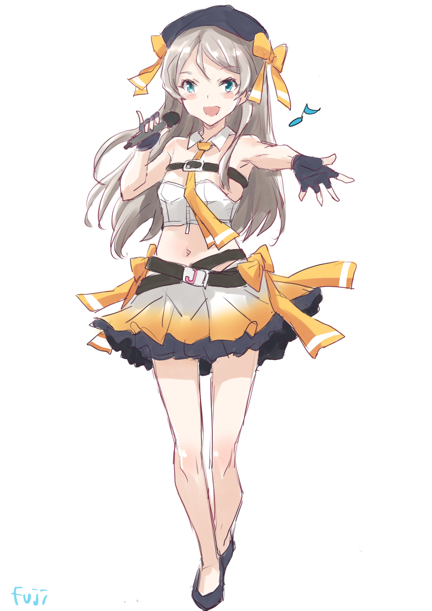 1girl alternate_costume belt beret black_footwear black_gloves black_hat blue_eyes breasts detached_collar fingerless_gloves frilled_skirt frills fuji_(pixiv24804665) full_body gloves gradient_clothes gradient_skirt grey_hair hair_ornament hat highres holding holding_microphone idol idol_clothes javelin_(kancolle) kantai_collection long_hair microphone midriff navel necktie orange_necktie simple_background skirt small_breasts solo strapless tube_top white_background white_tube_top