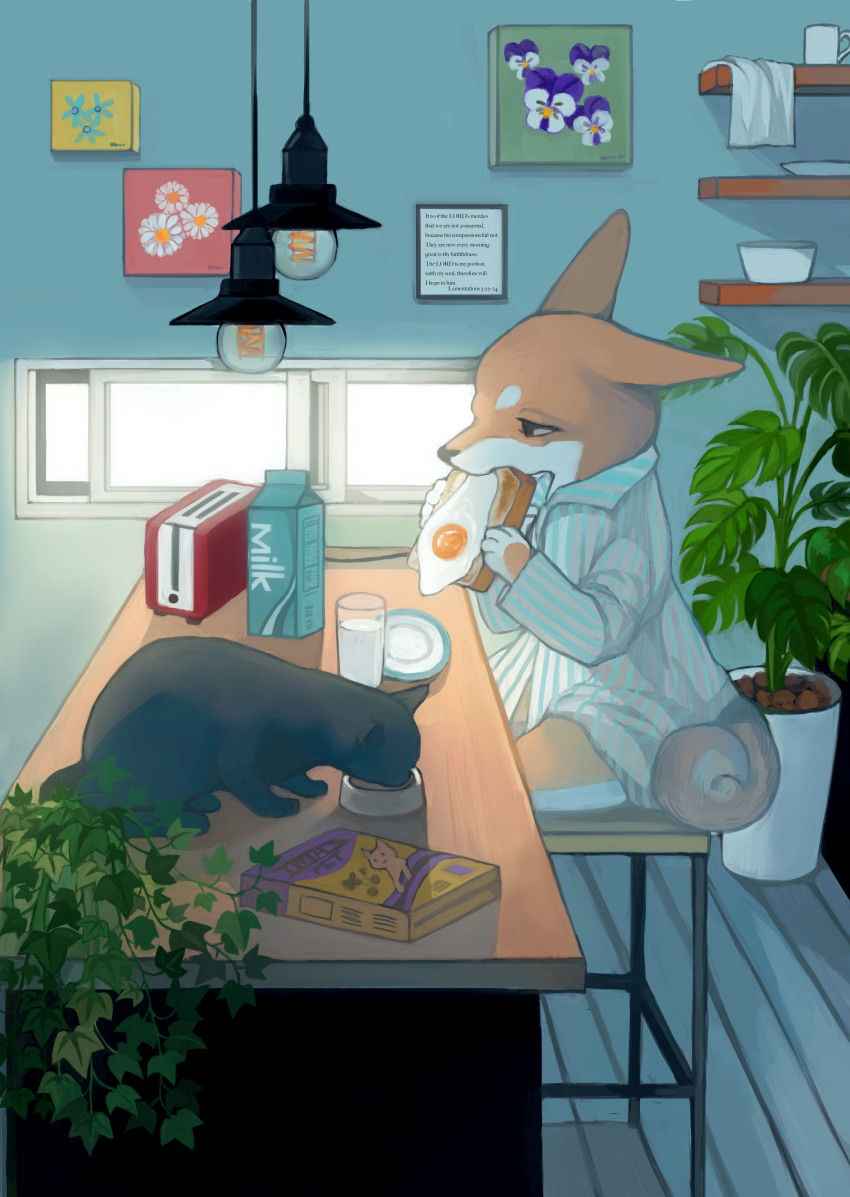 1boy absurdres animal_ears animal_hands bible_verse black_eyes blue_shirt body_fur bottomless bowl box bread bread_slice cat cup day drink drinking_glass eating egg egg_(food) english_text food fried_egg fried_egg_on_toast furry furry_male half-closed_eyes hands_up highres holding ivy light_bulb long_sleeves male_focus mayumochini milk open_mouth orange_fur original painting_(object) pajamas plant plate potted_plant scenery shirt solo stool striped_clothes striped_shirt tail toast toaster two-tone_fur white_fur window