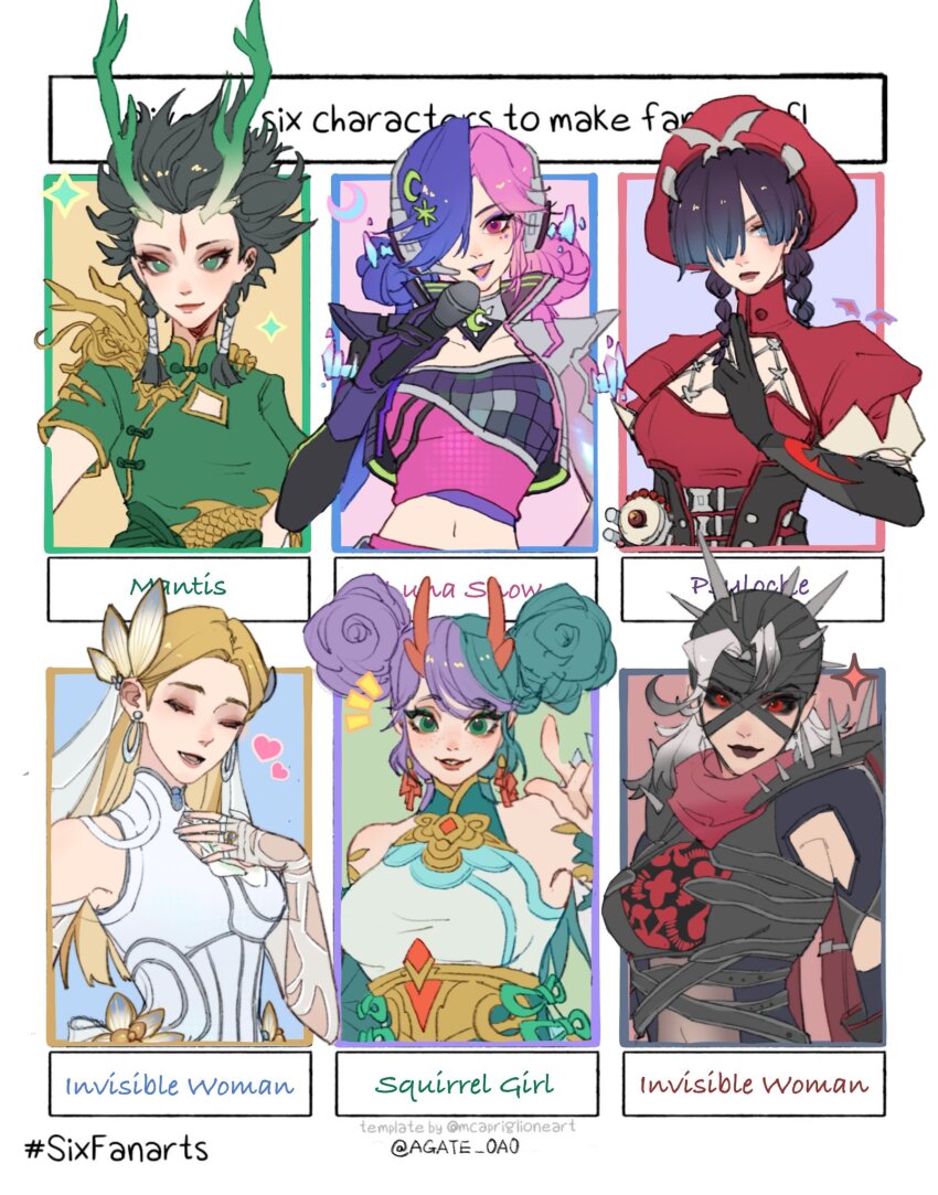 alien antennae armor bandaged_head bandages black_gloves black_hair black_sclera blonde_hair blue_eyes braid breasts closed_mouth colored_sclera dress elbow_gloves fantastic_four fukuro090 gloves grey_hair guardians_of_the_galaxy hair_over_one_eye hat highres jewelry leotard long_hair looking_at_viewer luna_snow luna_snow_(mirae_2099) malice_(sue_storm) mantis_(marvel) marvel marvel_cinematic_universe marvel_rivals multiple_girls official_alternate_costume open_mouth psylocke psylocke_(blood_kariudo) red_eyes red_scarf scarf short_hair shoulder_spikes smile spiked_armor spiked_helmet spikes squirrel_girl_(marvel) sue_storm twin_braids two-tone_bodysuit wedding_dress x-men