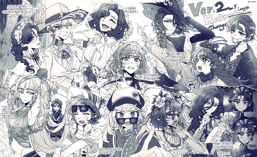 1boy 6+girls alternate_hair_length alternate_hairstyle anjo_nala argus_(reverse:1999) barcarola_(reverse:1999) braces newsboy_cap cowboy_hat crooked_eyewear cutting_hair cutting_own_hair eyewear_on_head fatutu flower flutterpage greyscale hair_flower hair_ornament hand_up hat highres holding holding_paper holding_scissors j_(reverse:1999) kim_8thhh korean_text liang_yue_(reverse:1999) long_braid long_hair looking_at_viewer lopera_(reverse:1999) mercuria_(reverse:1999) monochrome multiple_girls noire_(reverse:1999) open_mouth outstretched_hand paper regulus_(reverse:1999) reverse:1999 scissors short_hair smile sunglasses tooth_fairy_(reverse:1999) translation_request tuesday_(reverse:1999) willow_(reverse:1999) witch_hat
