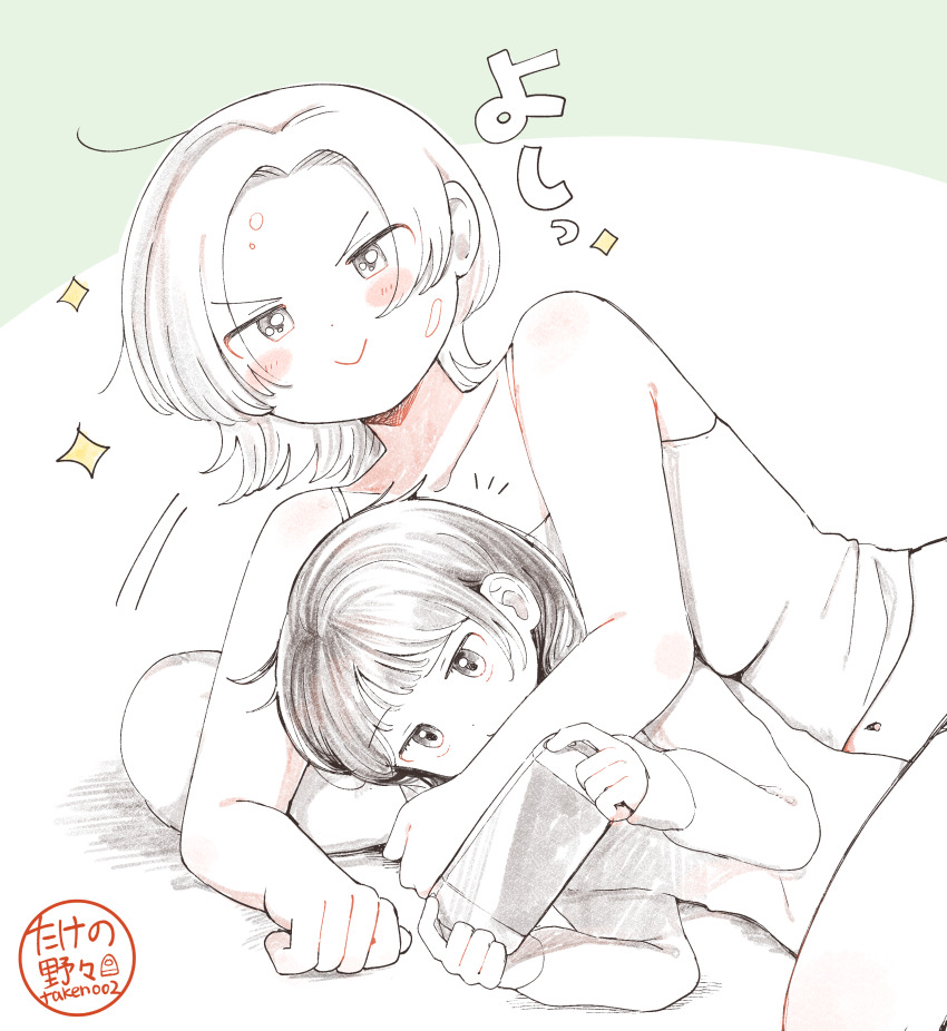 2girls absurdres age_difference blush closed_eyes highres jewelry lying midriff multiple_girls navel onee-loli original pale_color pillow short_hair takeno_(takenoo2) yuri