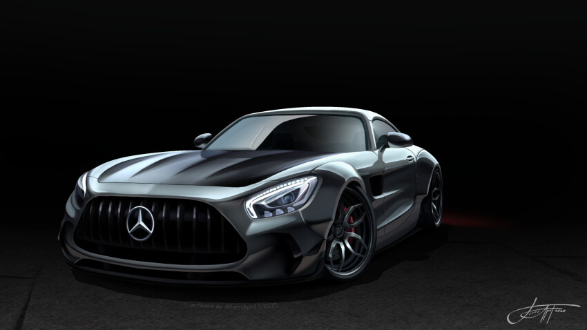 black_background car commentary commission english_commentary firri_april grey_car highres mercedes-benz mercedes-benz_amg_gt motor_vehicle no_humans original shadow signature simple_background sports_car vehicle_focus