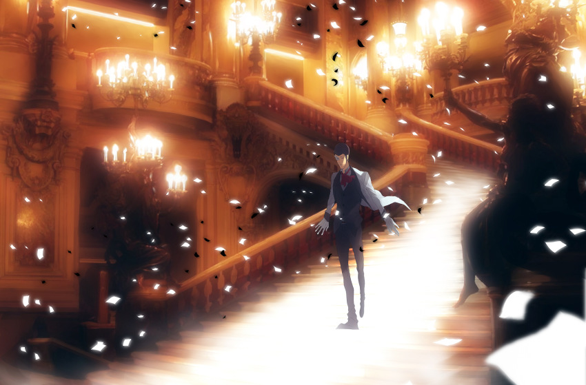 1boy arsene_lupin_iii bad_id bad_pixiv_id chandelier confetti faddawdle formal_clothes gloves highres indoors lupin_iii male_focus mask parody phantom_of_the_opera solo stairs suit