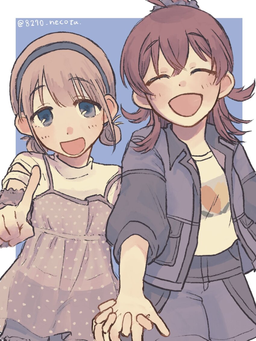 2girls 8270_necota ahoge blue_background blue_eyes blue_hairband blue_jacket blue_shorts blush border camisole camisole_over_clothes closed_eyes commentary flipped_hair grey_camisole grey_hair hair_rings hairband highres holding_hands idolmaster idolmaster_shiny_colors interlocked_fingers jacket komiya_kaho looking_at_viewer low_twintails medium_hair multiple_girls open_clothes open_jacket open_mouth outside_border pointing pointing_at_viewer polka_dot polka_dot_camisole print_shirt red_hair see-through_camisole see-through_clothes serizawa_asahi shirt shorts smile straight-on torn_clothes torn_sleeves turtleneck turtleneck_shirt twintails twitter_username upper_body white_border white_shirt