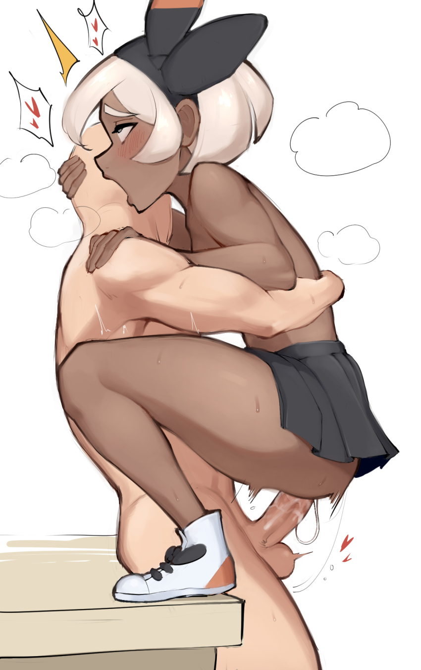 1boy 1girl bea_(pokemon) black_hairband black_skirt blush clothed_female_nude_male cum cum_on_body cum_on_penis dark-skinned_female dark_skin erection faceless faceless_male female_orgasm hairband hand_on_another&#039;s_head heart hetero highres interracial muscular muscular_male mutual_orgasm nintendo nude orgasm penis pokemon pokemon_swsh rolling_eyes sex shoes skirt sneakers solo_focus spoken_heart standing standing_missionary standing_sex sweat testicles thick_thighs thighs topless_female uncensored variant_set vehn