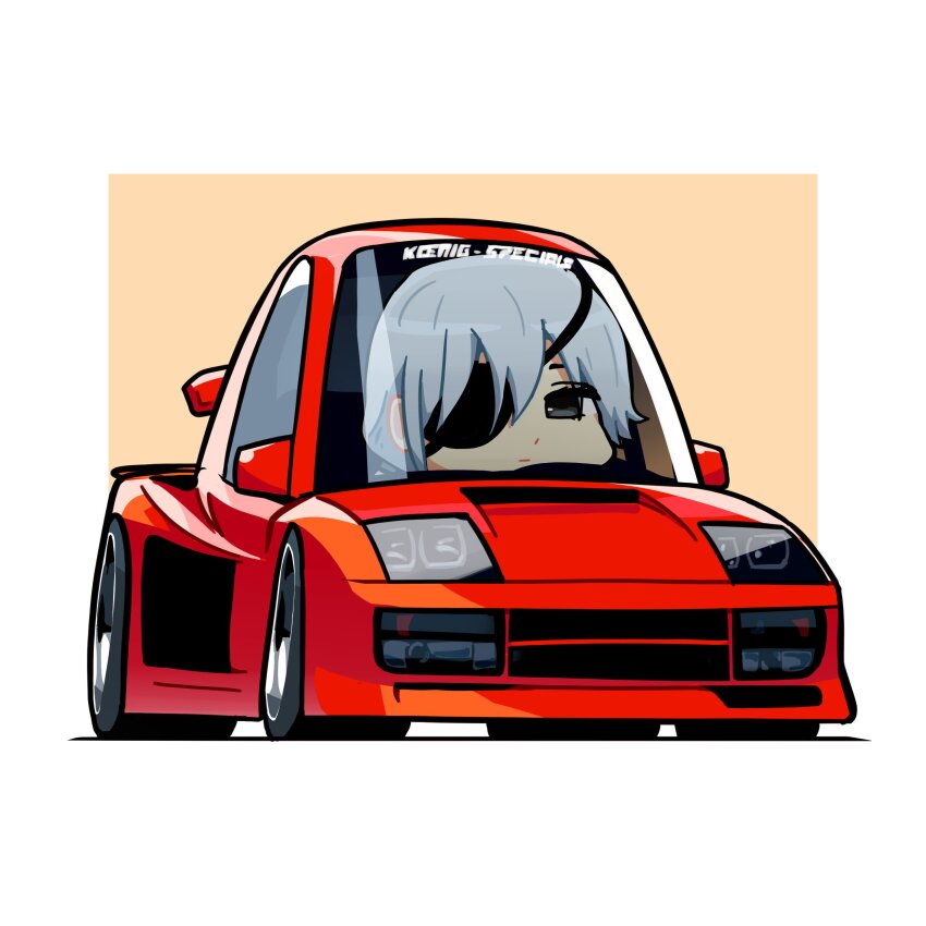 1girl absurdres black_eyes border brown_background car chainsaw_man chibi duz eyepatch ferrari ferrari_testarossa grey_hair highres looking_at_viewer motor_vehicle one_eye_covered quanxi_(chainsaw_man) shadow solo sports_car vehicle_focus white_border