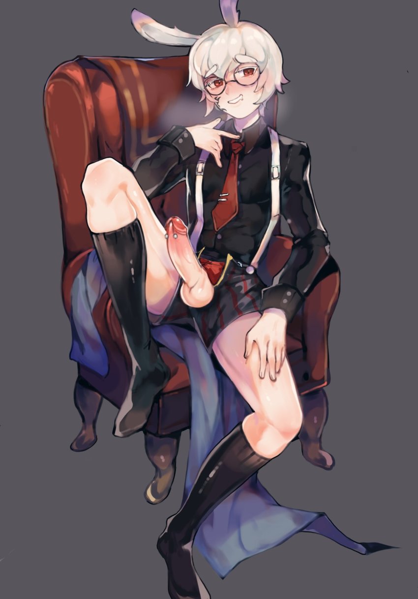 1boy alt_text animal_ears black_boots black_shirt black_shorts black_socks blush boots byebyefr0g byefrog chair closed_mouth collared_shirt commentary english_commentary erection facial_tattoo final_fantasy final_fantasy_xiv full_body glasses grey_background hand_on_own_leg hand_up heavy_breathing highres knee_boots knee_up kneehighs long_sleeves looking_at_viewer male_focus necktie open_clothes open_shorts original parted_lips penis penis_piercing piercing rabbit_boy rabbit_ears red_eyes red_necktie second-party_source shirt short_hair shorts simple_background sitting smile socks solo spread_legs tattoo thick_eyebrows uncensored warrior_of_light_(ff14) white_hair
