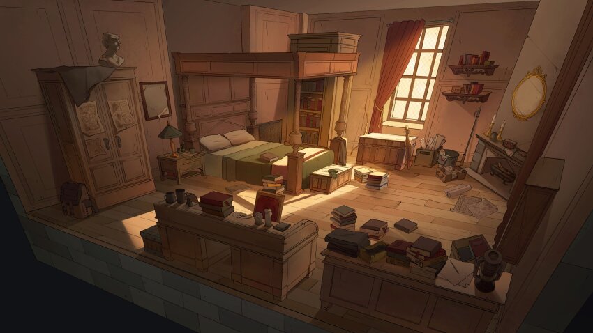 absurdly_detailed_composition absurdres aimeedrawsstuff armoire bed bedroom book book_stack bookshelf box candle candlestand chair cup curtains desk fireplace highres indoors interior lamp lantern loaded_interior mantle mirror mug no_humans original paper picture_frame pillow scenery sculpture sunlight vase window wooden_floor