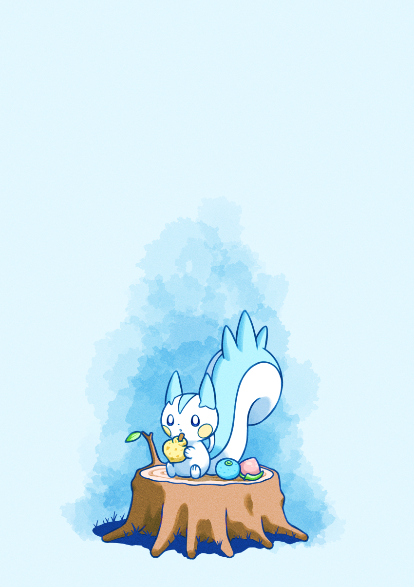 absurdres berry_(pokemon) commentary_request enzan_(midori_t0905) gen_4_pokemon highres holding nintendo no_humans on_tree_stump oran_berry pachirisu pokemon pokemon_(creature) pokemon_focus sitrus_berry sitting solo tree_stump