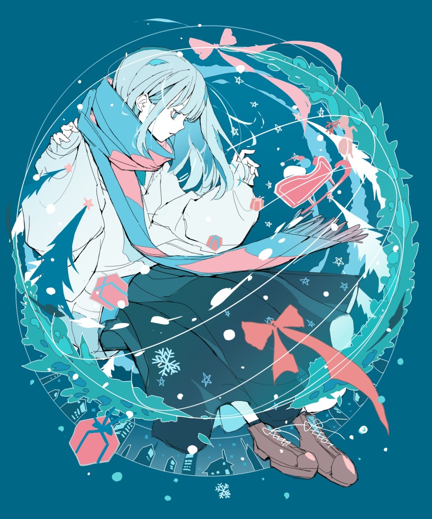 1girl absurdres blue_eyes box christmas gift gift_box grey_hair highres long_hair nocopyrightgirl original pale_skin scarf simple_background sleigh solo