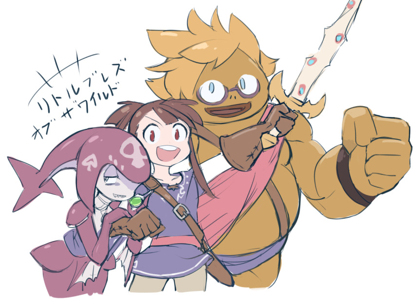 alternate_costume alternate_hairstyle brown_gloves brown_hair crossover fangs glasses gloves goron half-closed_eyes japanese_text kagari_atsuko kisetsu little_witch_academia lotte_jansson nintendo parody pointy_ears ponytail red_eyes sash semi-rimless_eyewear shiny_rod_(little_witch_academia) short_hair sucy_manbavaran sword the_legend_of_zelda the_legend_of_zelda:_breath_of_the_wild translation_request under-rim_eyewear weapon zora