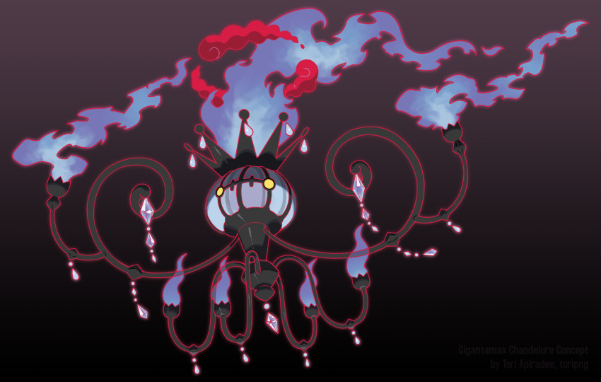 artist_name black_background chandelure commentary creature dynamax english_commentary english_text fire full_body gen_5_pokemon gigantamax gigantamax_(other) highres nintendo no_humans pokemon pokemon_(creature) purple_fire simple_background solo toripng