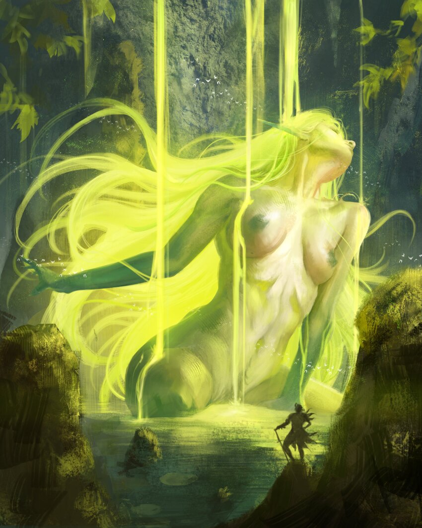 1girl 1other absurdres breasts caio_santos colored_skin commentary english_commentary giant giantess green_hair green_skin highres large_breasts long_hair navel nipples original partially_submerged pointy_ears simple_bird standing sword water waterfall weapon