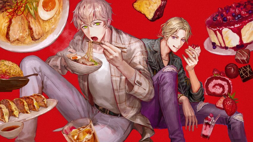 2boys :q absurdres belt belt_buckle black_belt black_shirt blazer blonde_hair blueberry bowl break_my_case brown_jacket buckle cake cake_slice canele char-siu cheesecake chocolate chopped_spring_onion chopsticks collarbone crew_neck cuff_links cup drinking_glass dumpling eating egawa_akira feet_out_of_frame food fried_rice fruit green_eyes grey_pants hair_between_eyes highres holding holding_bowl holding_chopsticks holding_food ice ice_cream ice_cube iced_tea jacket jewelry jiaozi knee_up lapels light_brown_hair long_sleeves male_focus mole mole_under_eye multiple_boys necklace noodles notched_lapels open_clothes open_jacket open_mouth pants parted_bangs plaid_clothes plaid_jacket plate purple_eyes purple_pants ramen rare_cheesecake red_background roka_suoh shirt shirt_tucked_in simple_background sitting softboiled_egg soy_sauce strawberry strawberry_shortcake strawberry_syrup sundae swiss_roll tongue tongue_out torn_clothes torn_pants watch whipped_cream white_shirt wing_collar wristwatch yuzuru_kise