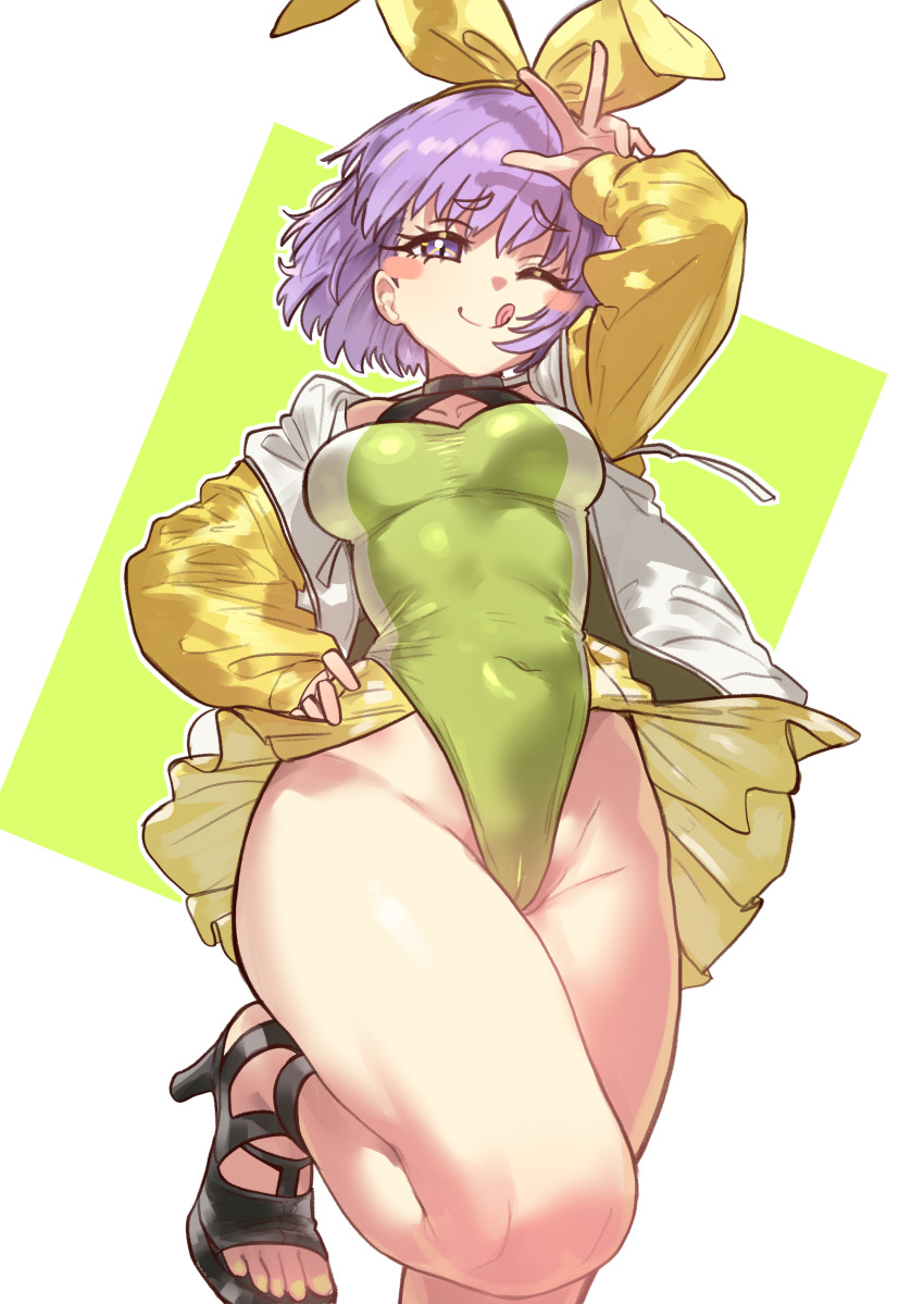 1girl ;q absurdres adapted_costume alternate_breast_size bare_hips blush_stickers breasts cameltoe closed_mouth covered_navel ebora eyelashes fate/grand_order fate_(series) green_background groin hairband hand_on_own_hip high_heel_sandals high_heels highleg highleg_leotard highres jacket kazuradrop_(fate) legs_folded leotard long_eyelashes looking_at_viewer medium_breasts nail_polish non-web_source one_eye_closed open_clothes open_jacket outline purple_eyes purple_hair sandals short_hair simple_background smile solo standing standing_on_one_leg thighs toenail_polish toenails tongue tongue_out two-tone_background w white_background white_outline wide_hips yellow_hairband yellow_jacket yellow_nails