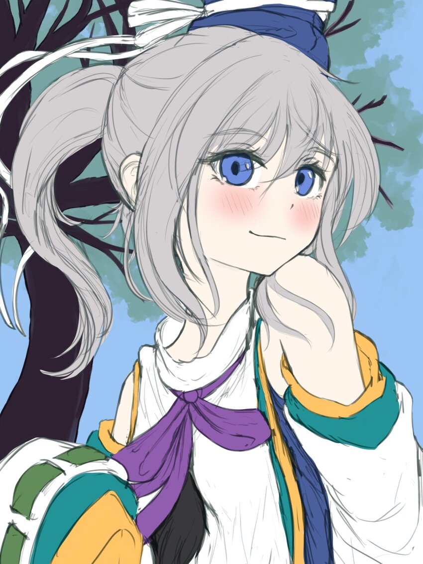 1girl blue_eyes blue_hat blush closed_mouth commentary grey_hair hat highres japanese_clothes kariginu looking_at_viewer medium_hair mononobe_no_futo outdoors ponytail pygrenix solo touhou upper_body