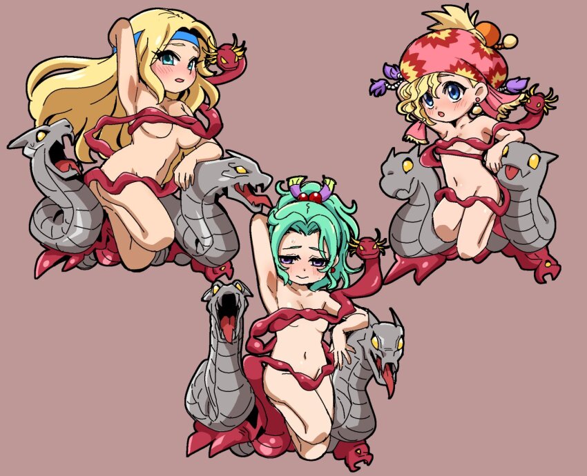 3girls armpits barefoot blonde_hair blue_eyes blush breasts celes_chere closed_mouth completely_nude cosplay earrings final_fantasy final_fantasy_vi green_eyes green_hair hat jewelry large_breasts long_hair looking_at_viewer medium_breasts medium_hair melusine_(ff5) melusine_(ff5)_(cosplay) monsterification multiple_girls navel nude open_mouth ponytail relm_arrowny short_hair simple_background small_breasts tina_branford yuuya_(blue_scarab)