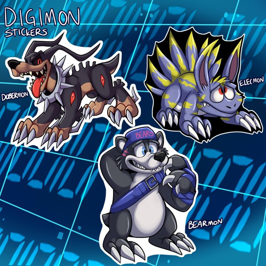 bearmon blue_eyes claws digimon digimon_(creature) dobermon elecmon_(violet) highres red_eyes solo spikes tongue tongue_out