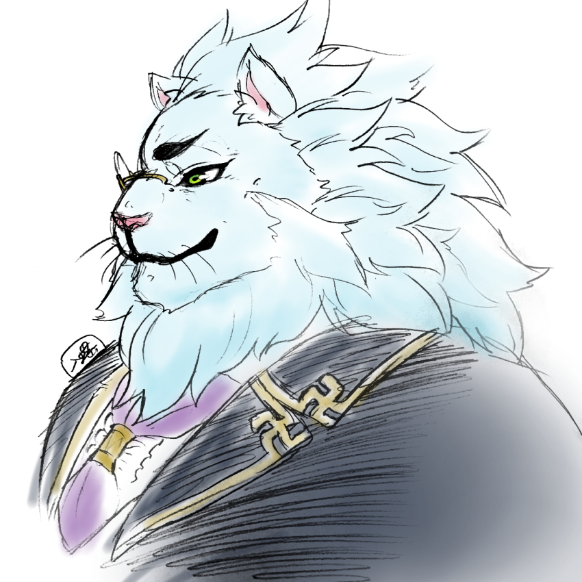 1boy animal_ears ascot black_suit closed_mouth commentary_request formal_clothes furry green_eyes highres irurahiko lion_boy lion_ears lion_mane male_focus monocle profile purple_ascot smile snow_(housamo) suit tokyo_houkago_summoners upper_body whiskers white_background