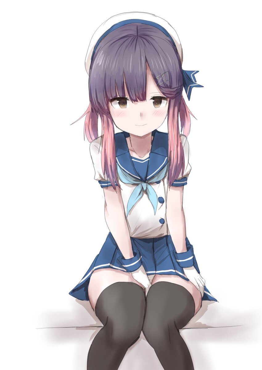 1girl between_legs black_thighhighs blue_neckerchief blue_ribbon blue_skirt buttons commentary_request full_body gloves gradient_hair hair_ornament hairclip hand_between_legs hat highres kamaboko_senshi kantai_collection looking_at_viewer multicolored_hair neckerchief panties pleated_skirt puffy_short_sleeves puffy_sleeves purple_eyes purple_hair ribbon sailor_hat school_uniform serafuku short_hair short_sleeves sidelocks simple_background sitting skirt smile solo thighhighs tsushima_(kancolle) underwear white_background white_gloves white_panties