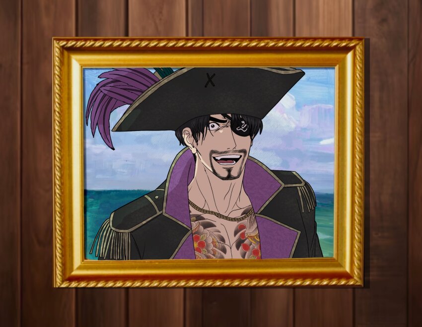 1boy :d black_hair cdtxufre chest_tattoo coat crazy_eyes epaulettes eyepatch facial_hair goatee hat_feather highres jacket majima_goro male_focus no_shirt open_clothes open_jacket open_mouth outdoors painting_(object) pirate pirate_costume portrait_(object) ryuu_ga_gotoku_(series) ryuu_ga_gotoku_8_gaiden smile solo spongebob_squarepants_(series) tattoo upper_body