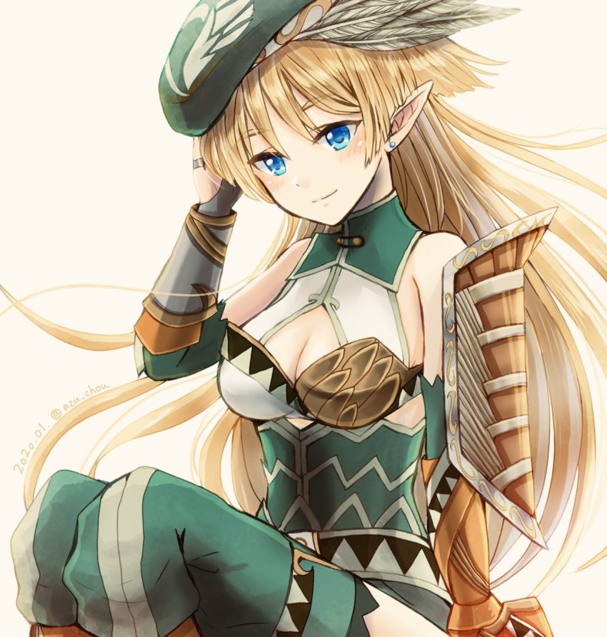 1girl azu_chou blonde_hair blue_eyes blush breasts cleavage cleavage_cutout clothing_cutout dated ear_piercing elf female_focus highres kris_bernal long_hair long_pointy_ears looking_at_viewer piercing pointy_ears pop-up_story smile solo twitter_username white_background