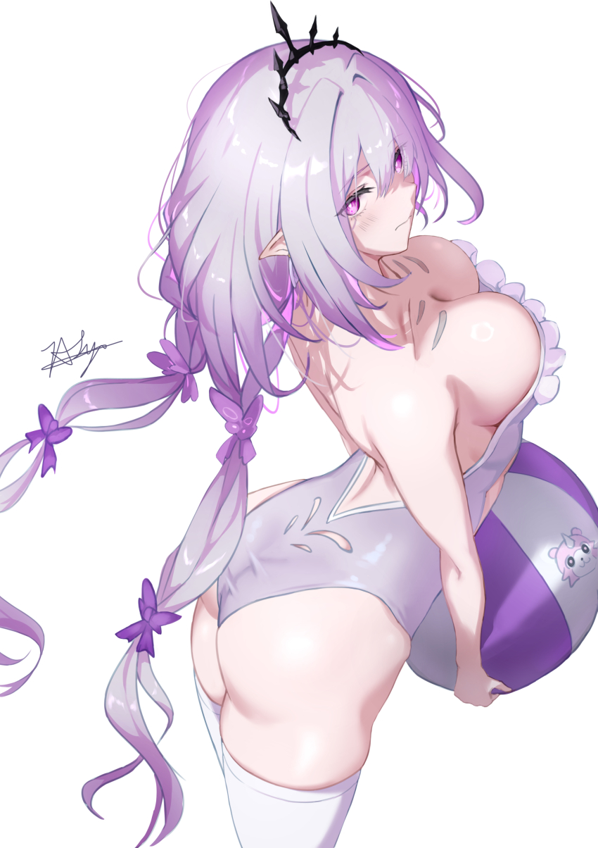 1girl absurdres ass ball beachball black_tiara breasts castorice_(honkai:_star_rail) chaciooh cleavage commentary from_above highres holding holding_ball holding_beachball honkai:_star_rail honkai_(series) large_breasts long_hair one-piece_swimsuit pointy_ears purple_eyes purple_hair purple_one-piece_swimsuit revision solo swimsuit thighhighs thighs tiara very_long_hair white_thighhighs