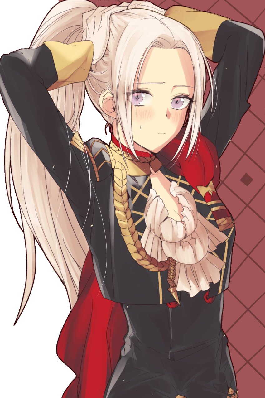 1girl arms_up blush breasts capelet cleavage cleavage_cutout closed_mouth clothing_cutout commentary_request edelgard_von_hresvelg embarrassed fire_emblem fire_emblem:_three_houses flat_chest from_side garreg_mach_monastery_uniform gloves highres long_sleeves looking_at_viewer looking_to_the_side military_uniform nintendo purple_eyes red_capelet shade solo sou_mei standing sweatdrop tying_hair upper_body white_background white_gloves white_hair
