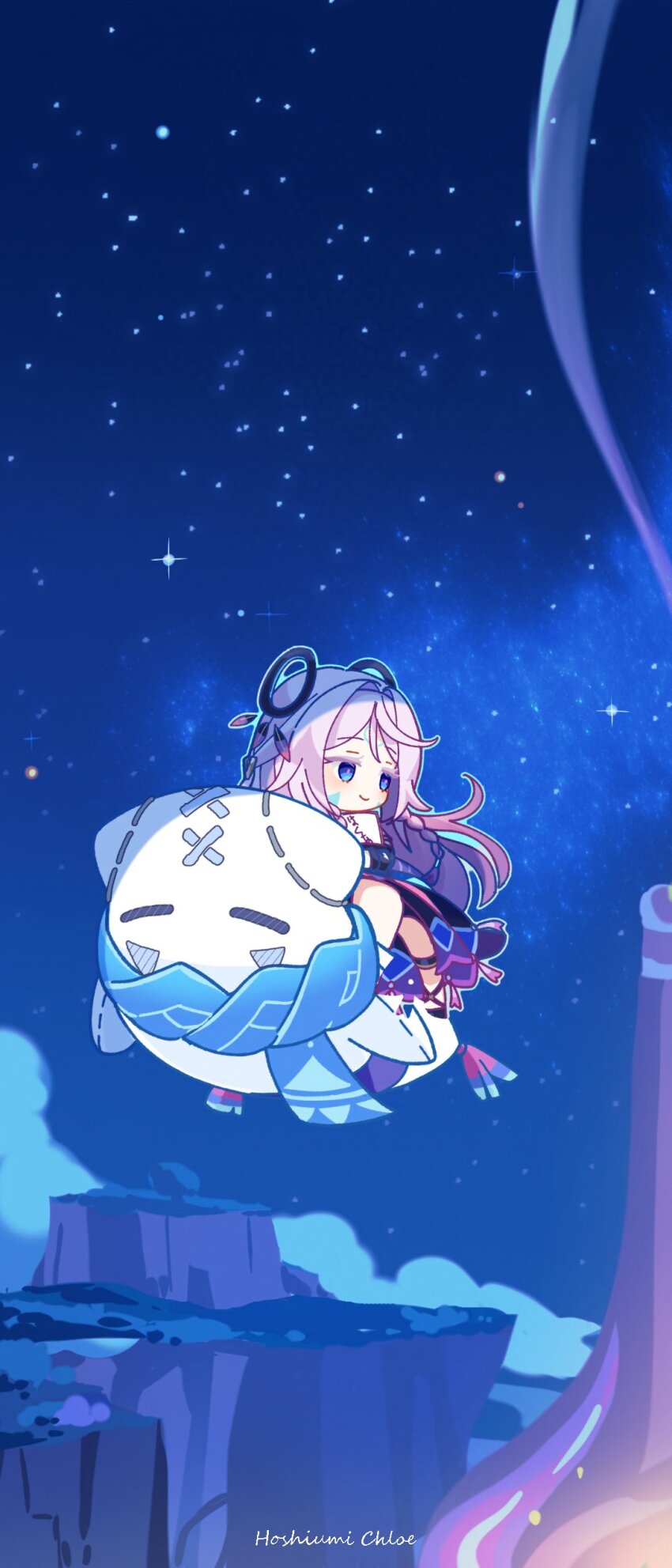 absurdres artist_name blue_eyes blue_scarf braid chibi chibi_only citlali_(genshin_impact) citlalin_(genshin_impact) commentary_request facial_mark floating_headgear genshin_impact headgear highres hoshiusagi_no_chloe long_hair night night_sky pillow pink_hair pink_pupils riding scarf sky smile star_(sky) triangle triangle_facial_mark